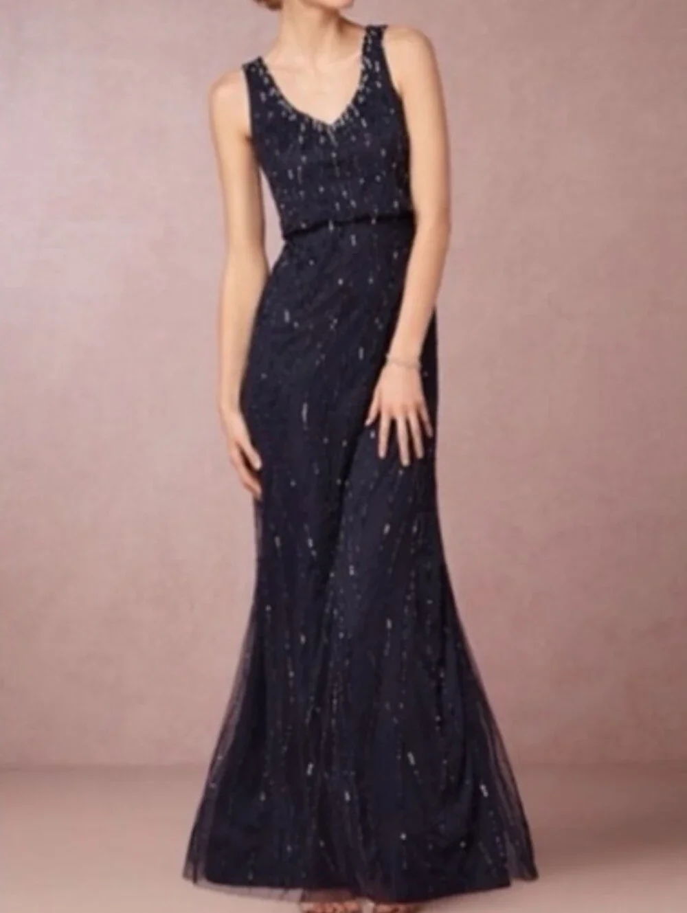 ANTHROPOLOGIE Adriana Papell  BROOKLYN NAVY BEADED DRESS SZ 0/ XS